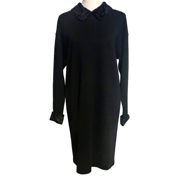 Liz Claiborne Vtg Black Acrylic Wool Faux Fur Collar Cuff Buttons Modest Dress L - Picture 1 of 11